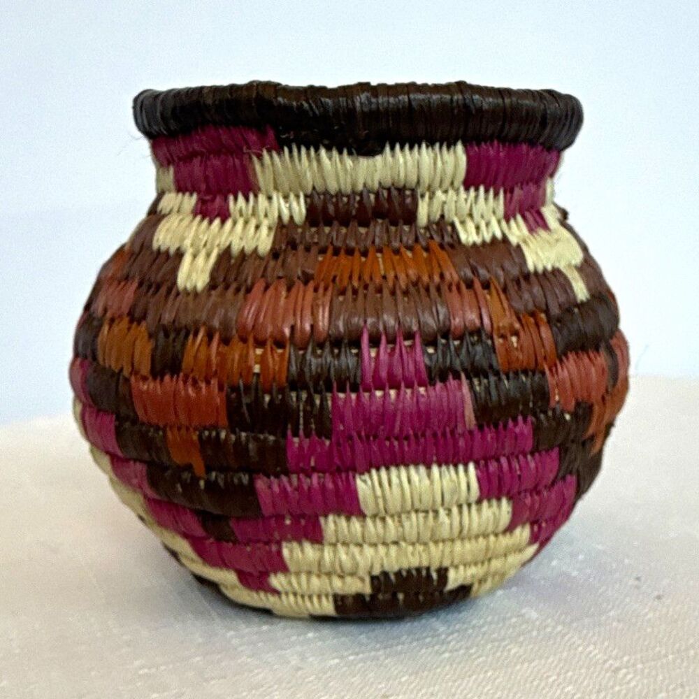 Vintage Wounaan Embera Handwoven Miniature Coiled Basket - Pink & Earth Tone